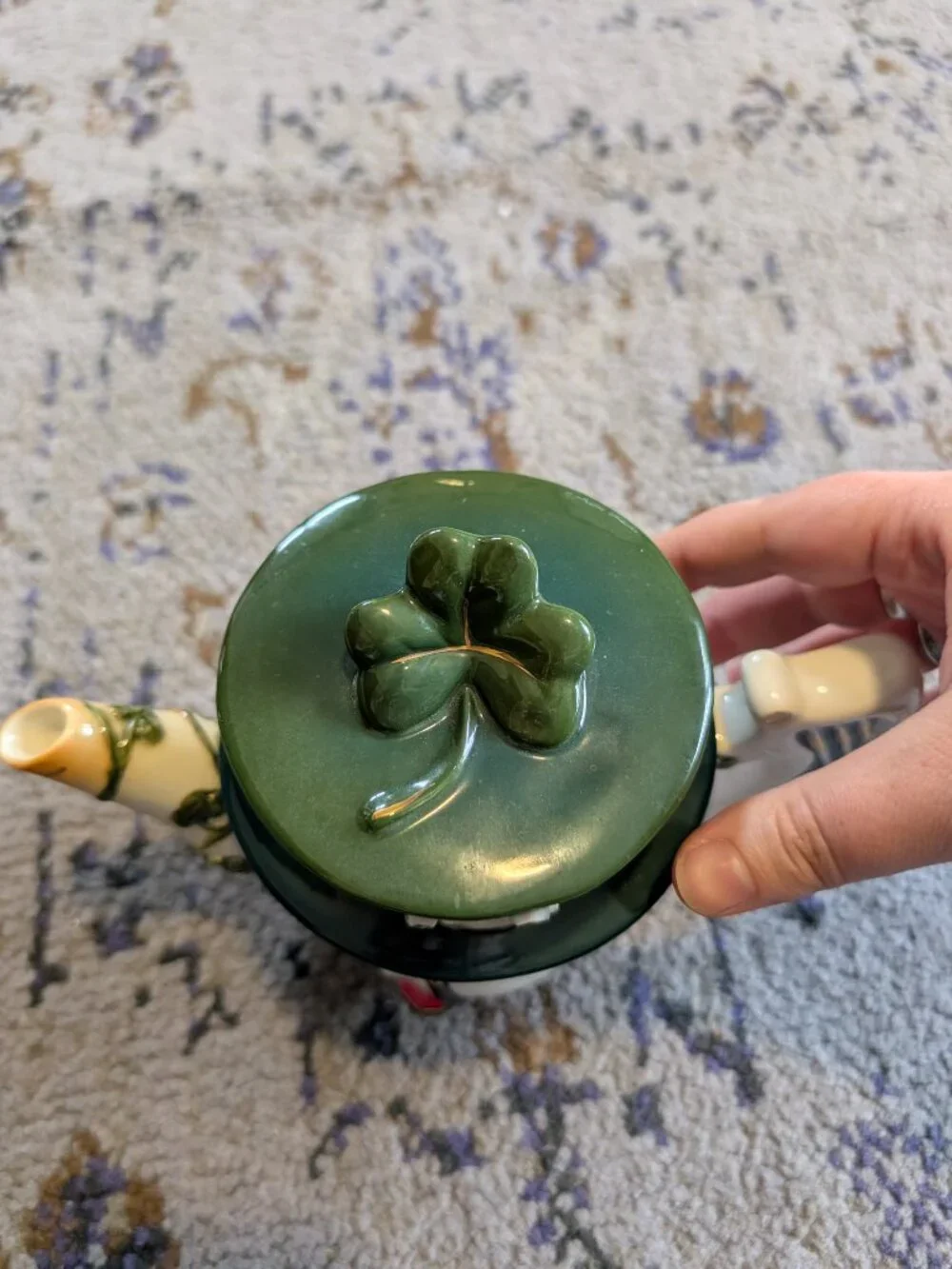 Vintage Enesco Leprechaun with Pipe Tea Pot Harp Shamrock Horseshoe Accents